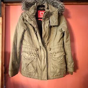 Vintage Esprit EDC Women's Khaki Utility Jacket with Faux Fur Trim
